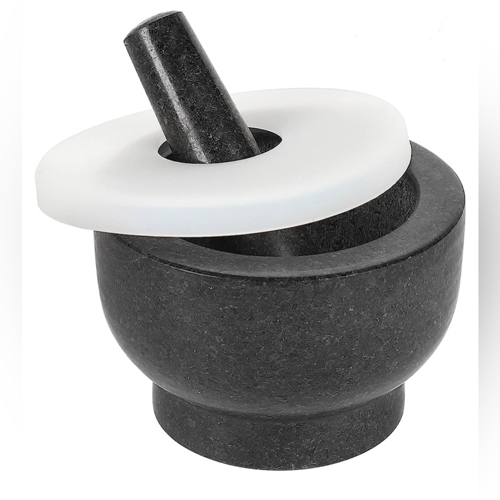 6 Inch Granite Mortar and Pestle Set with Silicone Lid Heavy Duty